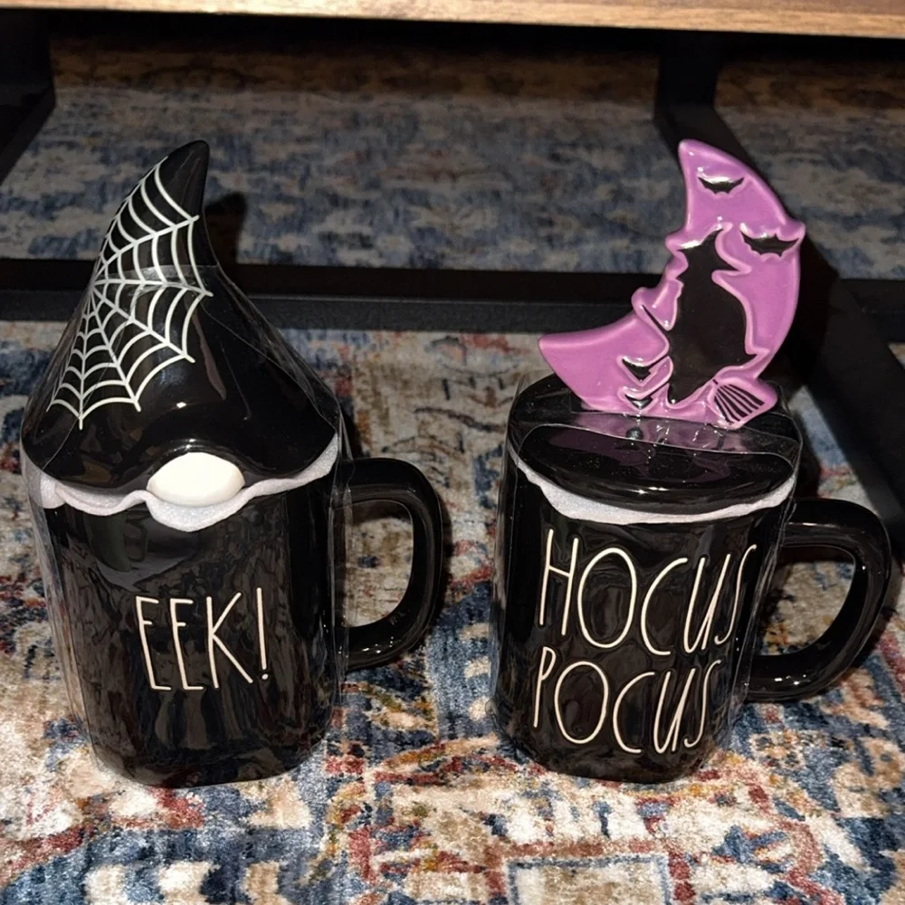 NWT Rae Dunn Ceramic Black Halloween Coffee Tea Mug Cup w/Topper EEK HOCUS POCUS - Picture 1 of 4